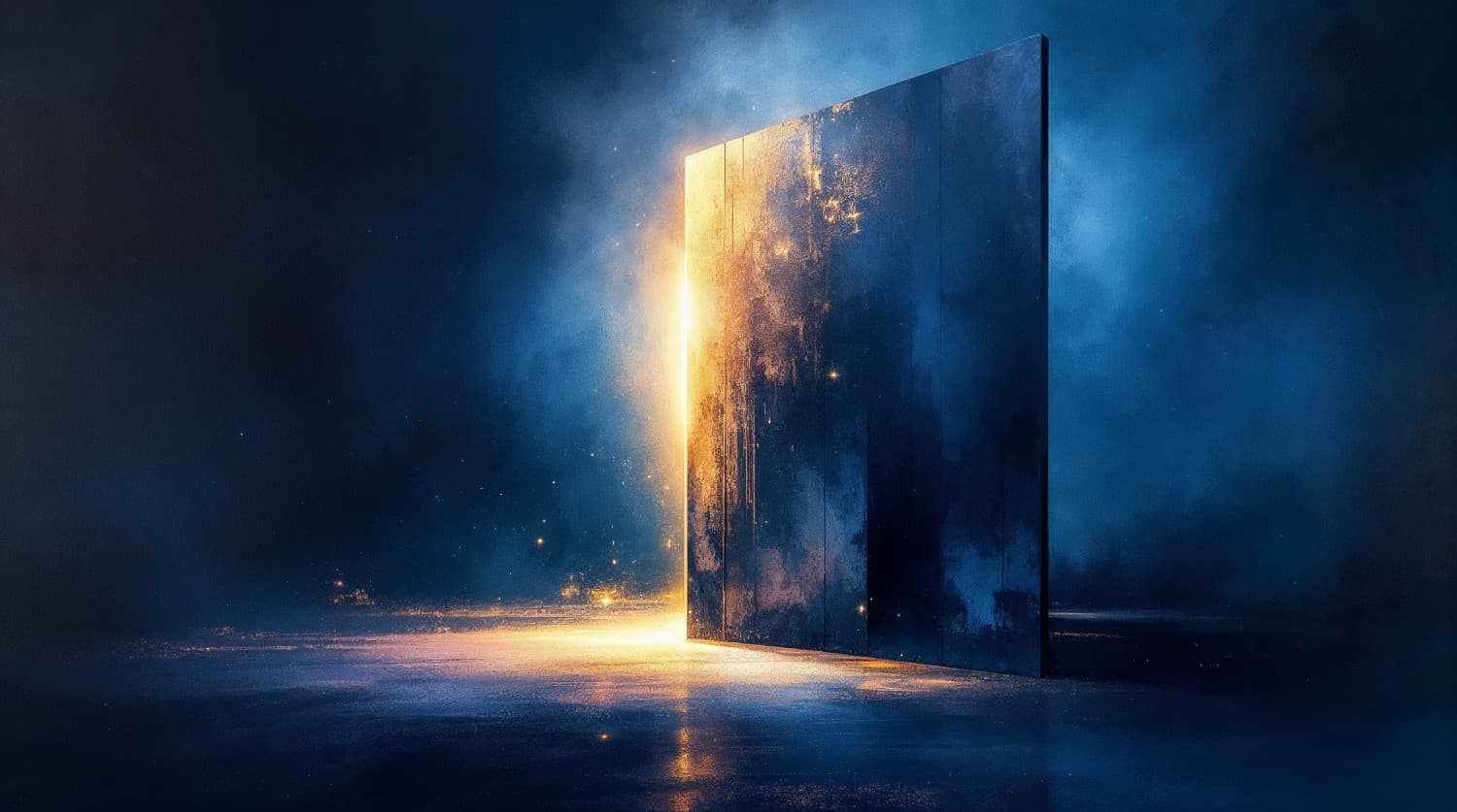 Abstract painting: a bright opening in a dark field.