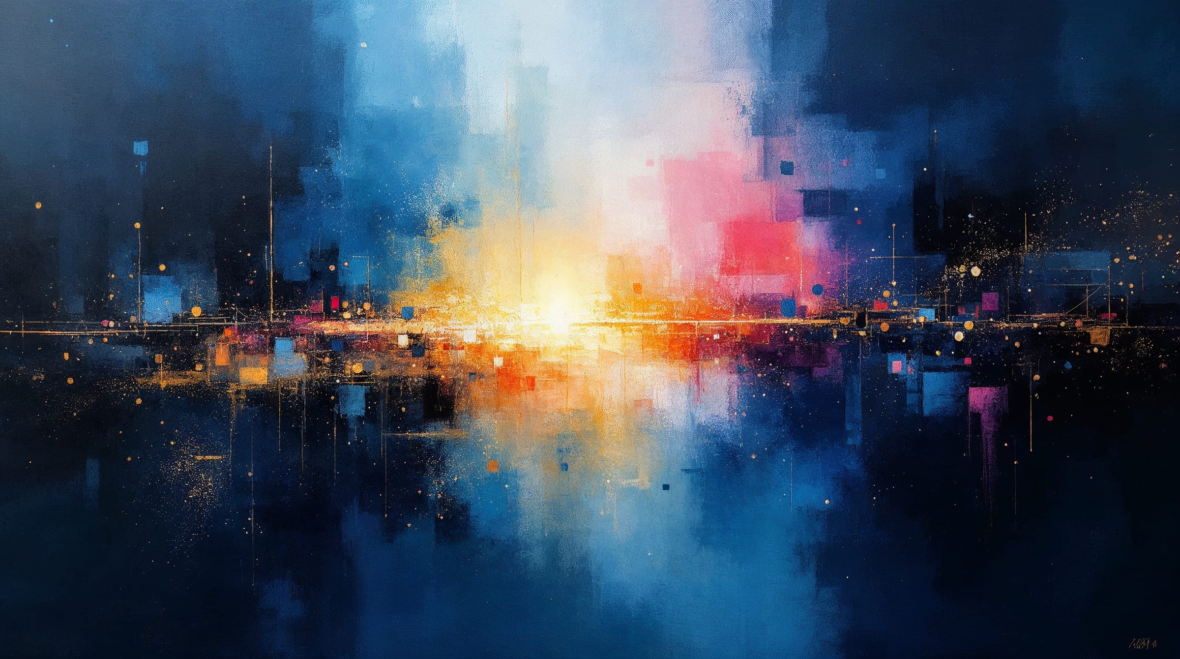 Abstract painting: a lit horizon breaking through blocks of prussian blue.